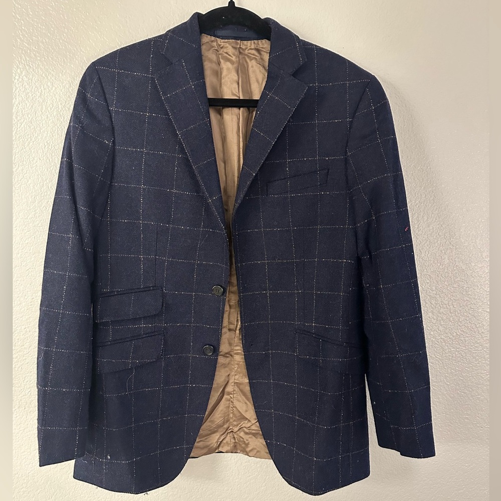 Vintage Men’s Navy Blue Plaid Wool Cashmere Blend Bottoli Sport Coat Blazer
